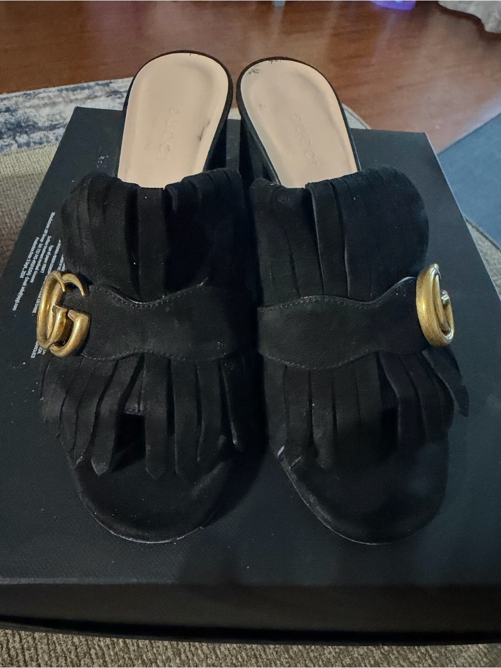 Gucci Marmont fringe Black Suede Gold Logo Block Heel Mules